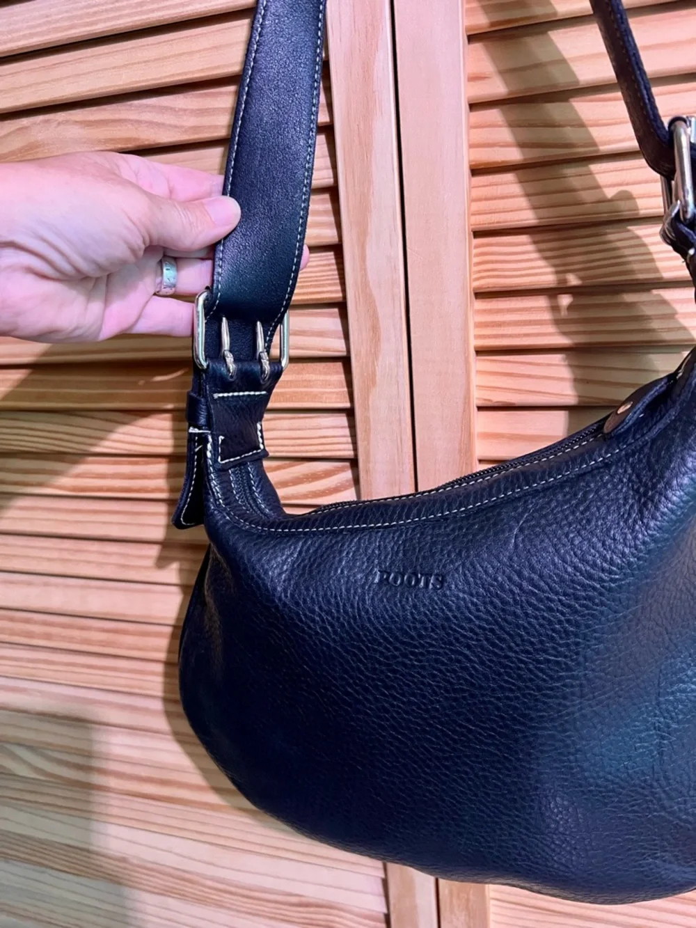 Roots Black Hobo Style Pebbled Leather Shoulder Bag